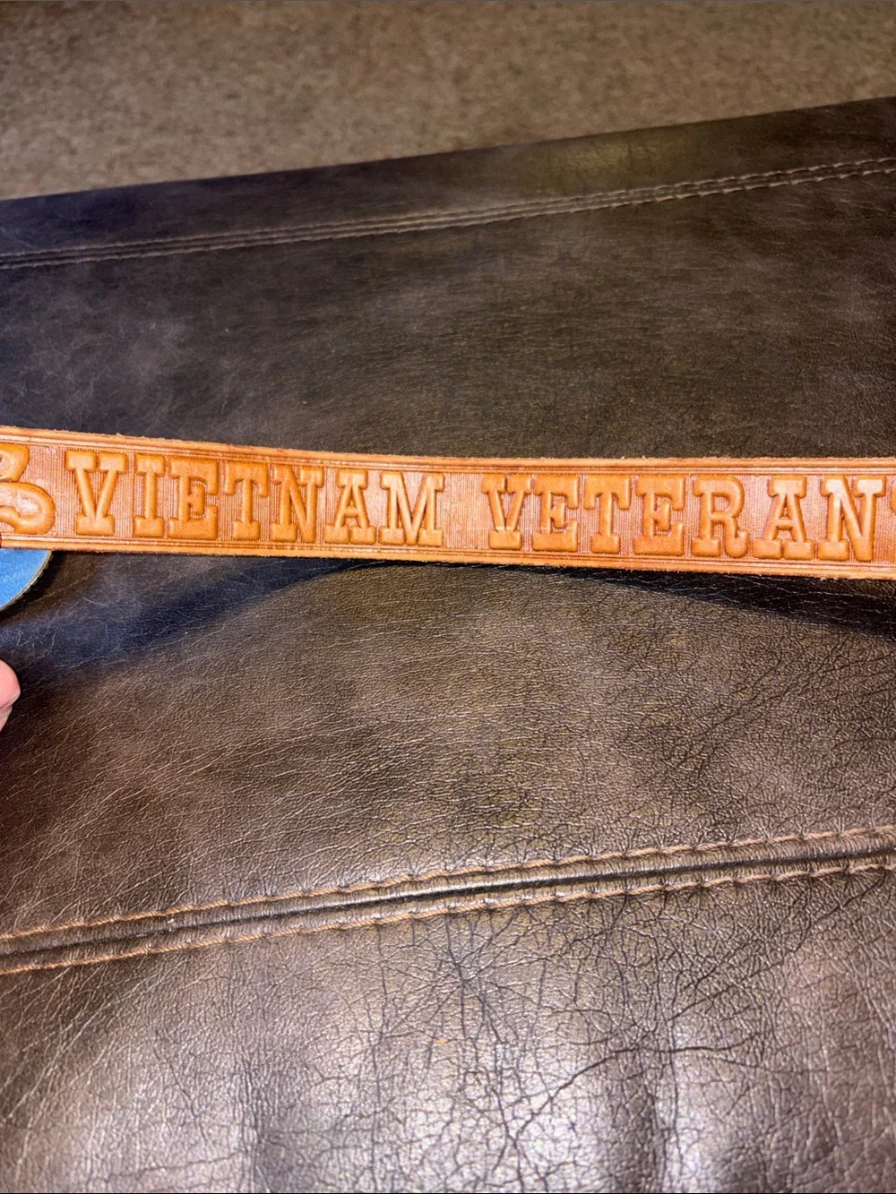 Hand tooled leather Vietnam Veteran belt w/ Award Design Medals letter T buckle